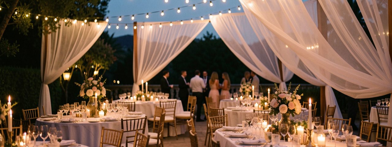 Réception en extérieur élégante à la tombée de la nuit, avec des lumières festives, tables dressées et ambiance raffinée de soirée, ambiance chaleureuse et cinématographique.