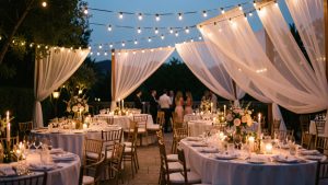 Réception en extérieur élégante à la tombée de la nuit, avec des lumières festives, tables dressées et ambiance raffinée de soirée, ambiance chaleureuse et cinématographique.