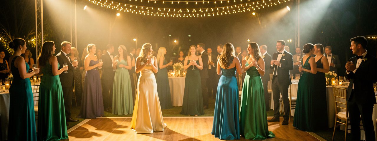 Réception de mariage élégante en soirée, piste de danse illuminée avec des lumières festives, invités souriants au second plan dans une ambiance chaleureuse.