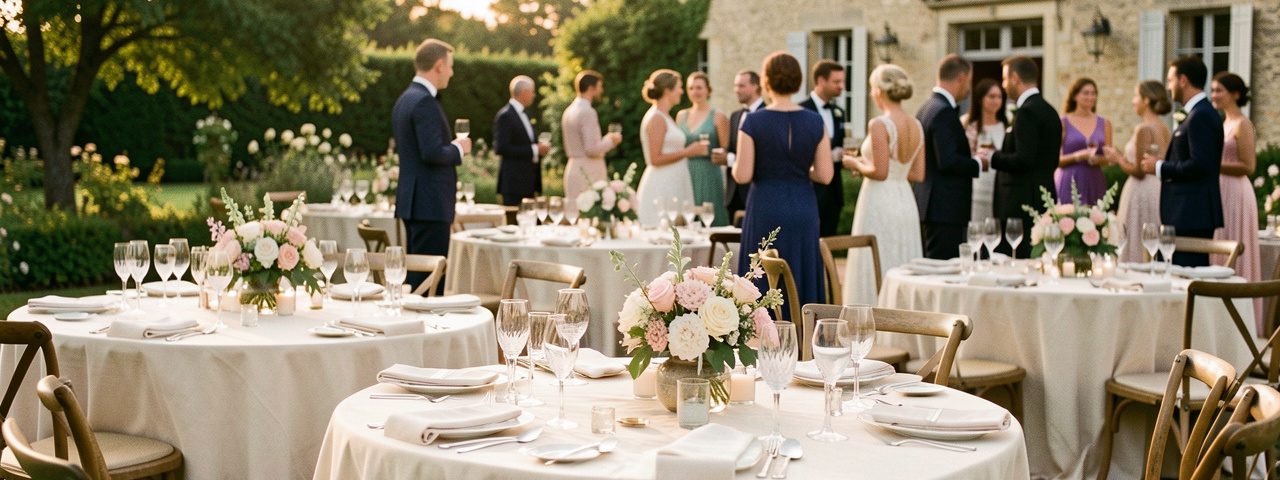 Réception de mariage élégante dans le jardin fleuri d’un domaine français, avec des tables dressées et des invités en arrière-plan sous la lumière dorée de la fin d’après-midi.