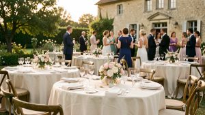 Réception de mariage élégante dans le jardin fleuri d’un domaine français, avec des tables dressées et des invités en arrière-plan sous la lumière dorée de la fin d’après-midi.