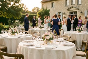 Réception de mariage élégante dans le jardin fleuri d’un domaine français, avec des tables dressées et des invités en arrière-plan sous la lumière dorée de la fin d’après-midi.