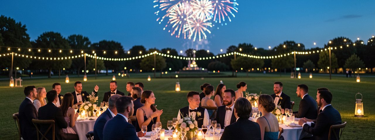 Réception de mariage en plein air au crépuscule, avec des invités élégamment vêtus observant un feu d’artifice lointain dans un grand parc.