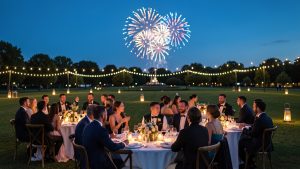 Réception de mariage en plein air au crépuscule, avec des invités élégamment vêtus observant un feu d’artifice lointain dans un grand parc.