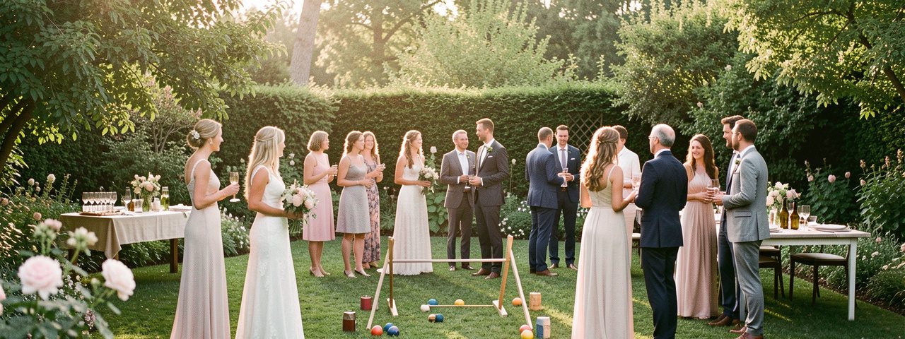 Jeunes mariés et invités profitant d’un moment convivial dans un jardin décoré simplement entre la cérémonie et le repas.