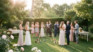 Jeunes mariés et invités profitant d’un moment convivial dans un jardin décoré simplement entre la cérémonie et le repas.
