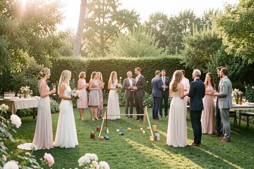 Jeunes mariés et invités profitant d’un moment convivial dans un jardin décoré simplement entre la cérémonie et le repas.