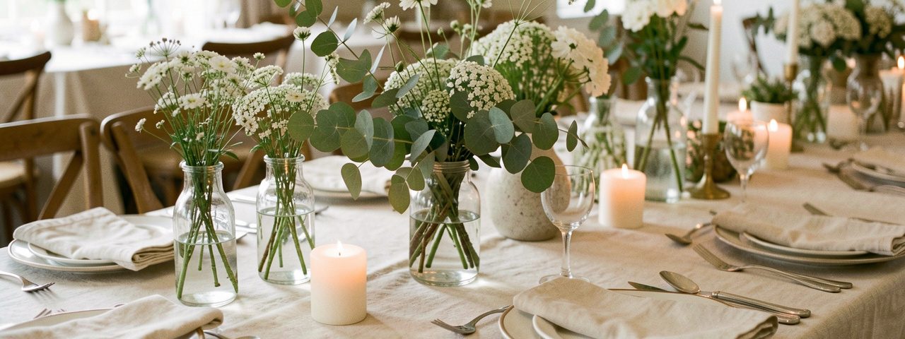 Décoration de table de mariage élégante et économique avec fleurs blanches, feuillage d’eucalyptus, bougies, vases en verre et linge beige.