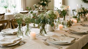 Décoration de table de mariage élégante et économique avec fleurs blanches, feuillage d’eucalyptus, bougies, vases en verre et linge beige.