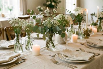 Décoration de table de mariage élégante et économique avec fleurs blanches, feuillage d’eucalyptus, bougies, vases en verre et linge beige.