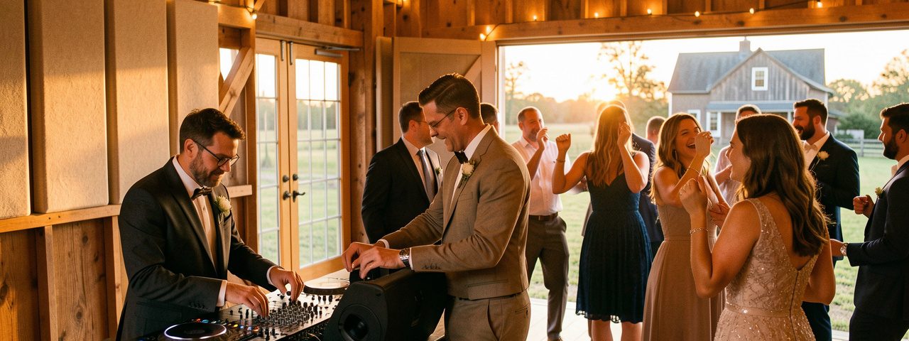 Un DJ homme anime discrètement une soirée de mariage dans une grange, tandis que des hommes et des femmes dansent dans une ambiance chaleureuse sans gêner les voisins.