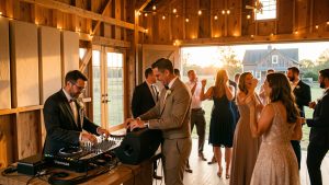 Un DJ homme anime discrètement une soirée de mariage dans une grange, tandis que des hommes et des femmes dansent dans une ambiance chaleureuse sans gêner les voisins.