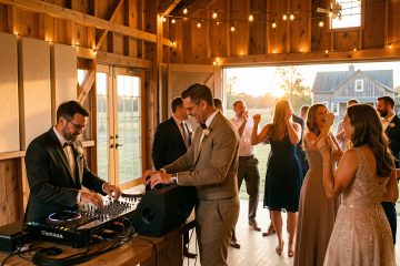 Un DJ homme anime discrètement une soirée de mariage dans une grange, tandis que des hommes et des femmes dansent dans une ambiance chaleureuse sans gêner les voisins.