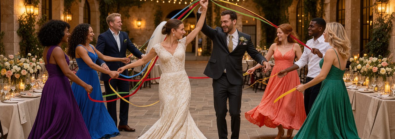 Un couple de mariés anime une danse collective joyeuse entouré de convives, dans une réception décorée de fleurs, de rubans colorés et de guirlandes lumineuses.