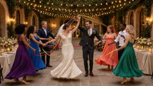 Un couple de mariés anime une danse collective joyeuse entouré de convives, dans une réception décorée de fleurs, de rubans colorés et de guirlandes lumineuses.