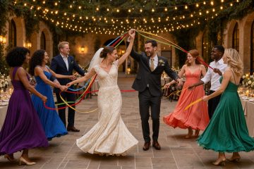 Un couple de mariés anime une danse collective joyeuse entouré de convives, dans une réception décorée de fleurs, de rubans colorés et de guirlandes lumineuses.