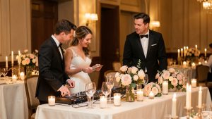 Un couple de mariés échange avec un DJ de mariage près d’une table élégamment décorée, dans une ambiance chaleureuse et raffinée.